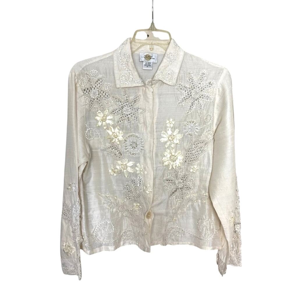 Sandy Starkman 100% Silk Blouse 3D Floral Cottagecore Vintage Whimsical M - Picture 2 of 8